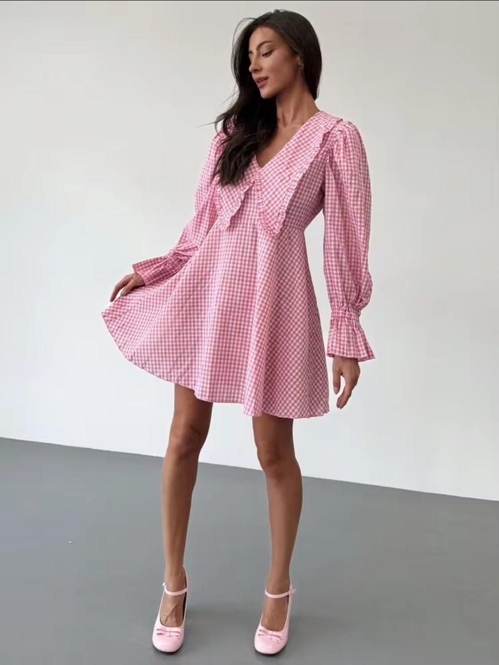 SHEIN Cottagecore Blush Pink Gingham Ruffle Collar Mini Dress Puff Sleeve Size M
